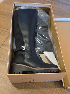 Soda Black Knee-High Lug Sole Boots with Buckle Detail